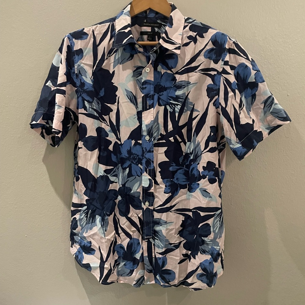 Pink and blue floral shirt for men -Size Large slim fit
